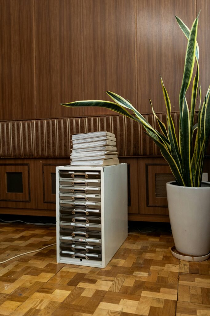 A filing cabinet containing important paperwork like Wills and other financial documents.