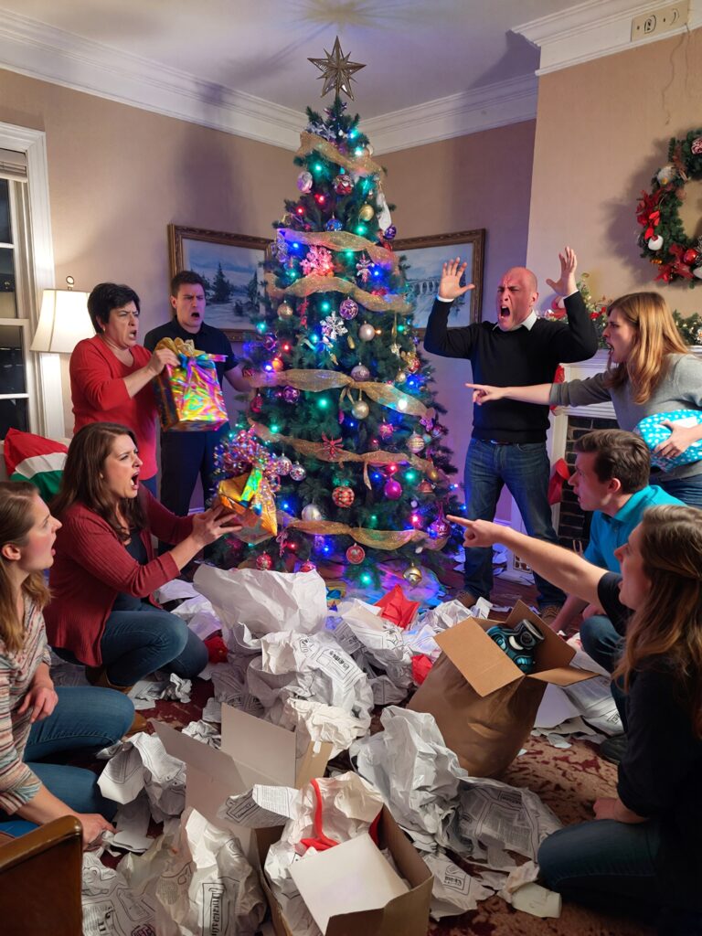 A family argues while giving White Elephant gifts.