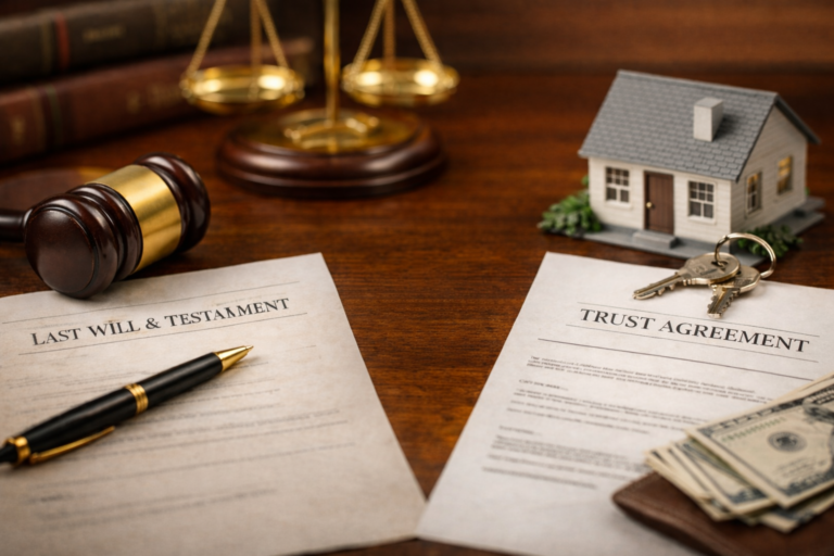 Legal documents titled "Last Will & Testament" and "Trust Agreement" on wooden desk with gavel, pen, house model, keys, and cash.