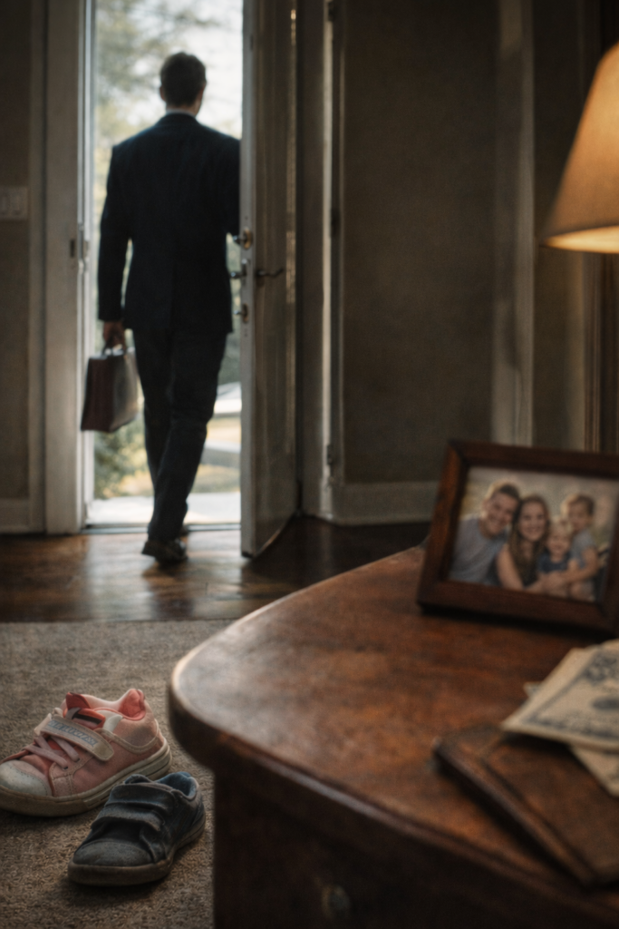 A man leaving his home while children’s shoes and a family photo remain in the foreground, symbolizing the importance of estate planning.