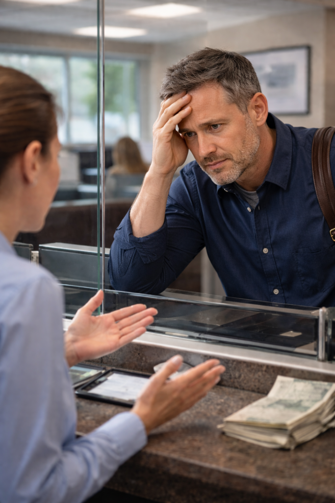 A man stands at a bank counter, frustrated because he cannot access a deceased parent's account.