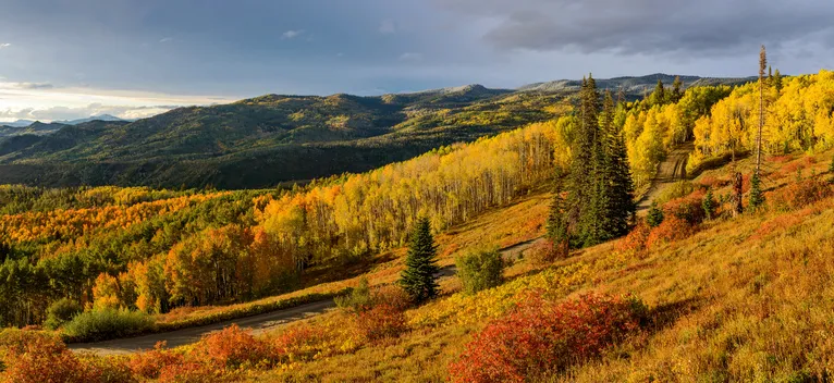 Panoramic view of a mountainous landscape with autumn foliage in yellow, orange, and green hues under a partly cloudy sky.
