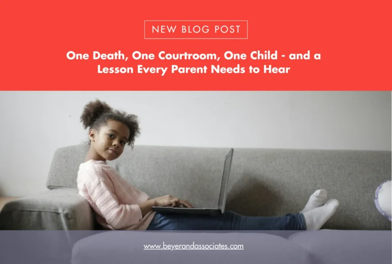 Young girl in pink sweater using laptop on gray couch, blog post header above.
