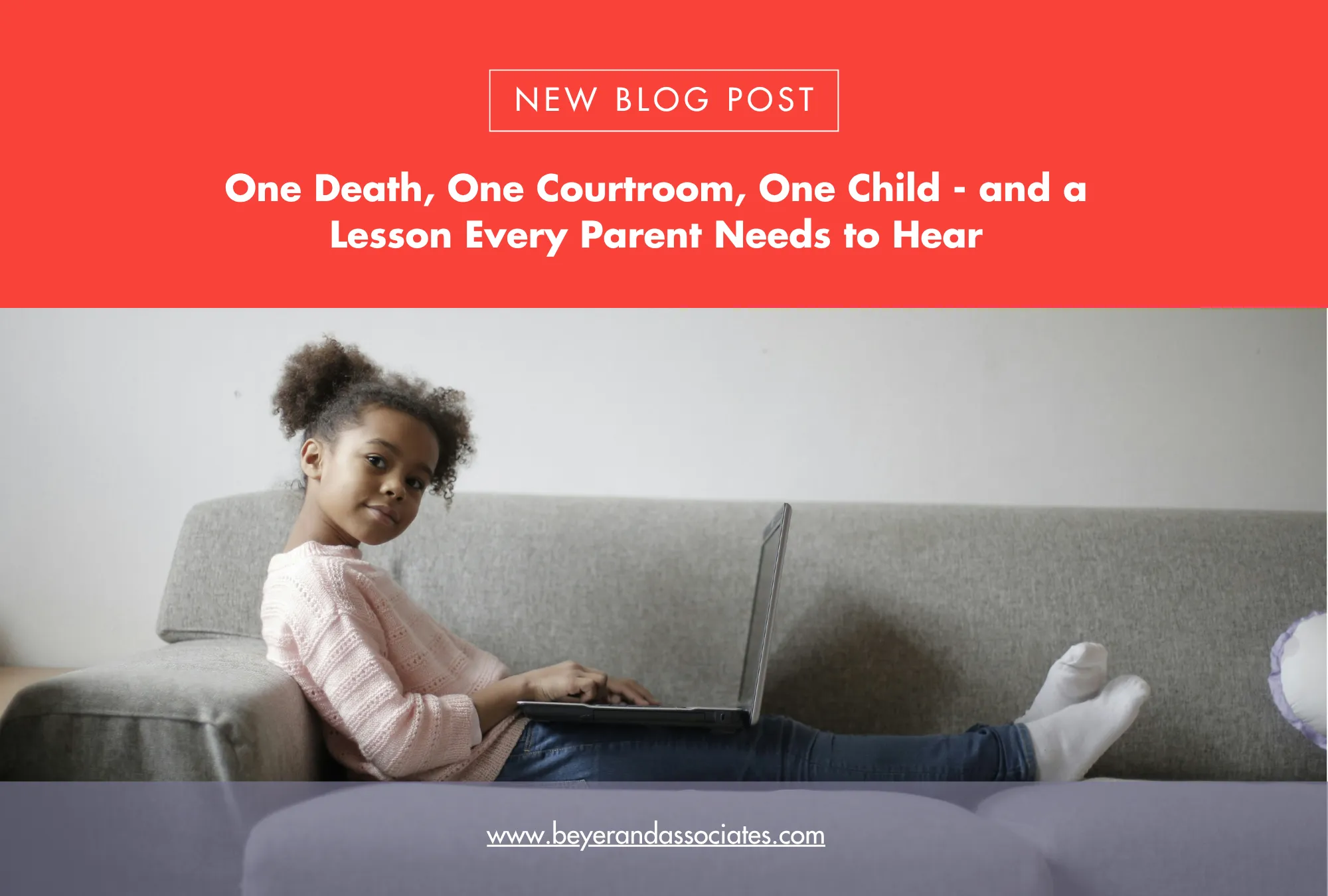 Young girl in pink sweater using laptop on gray couch, blog post header above.