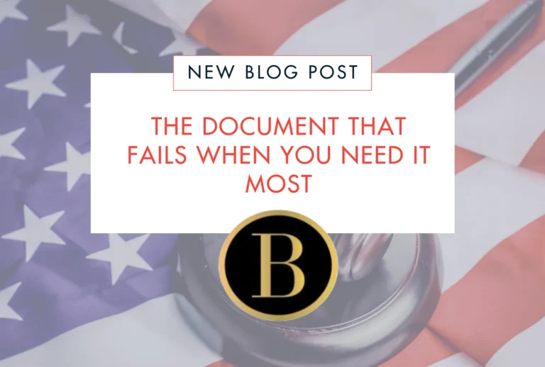 American flag background with text "New Blog Post: The Document That Fails When You Need It Most" and a gavel.