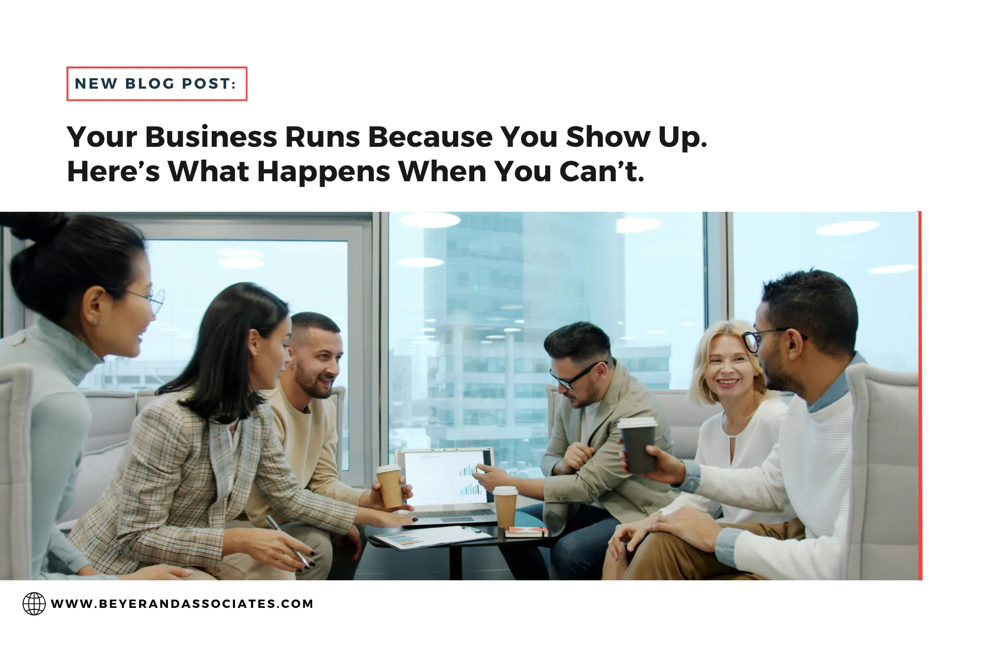 Group of six diverse professionals engaged in a meeting with laptops and coffee in a modern office.