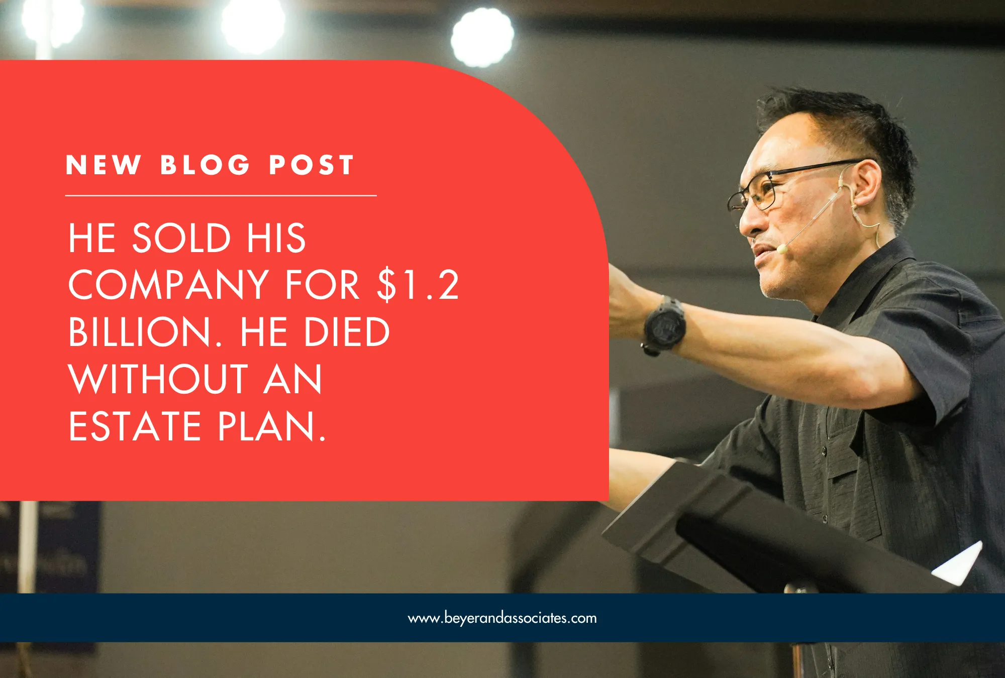 Man wearing glasses and a headset microphone speaking, with red text about selling a company for $1.2 billion.