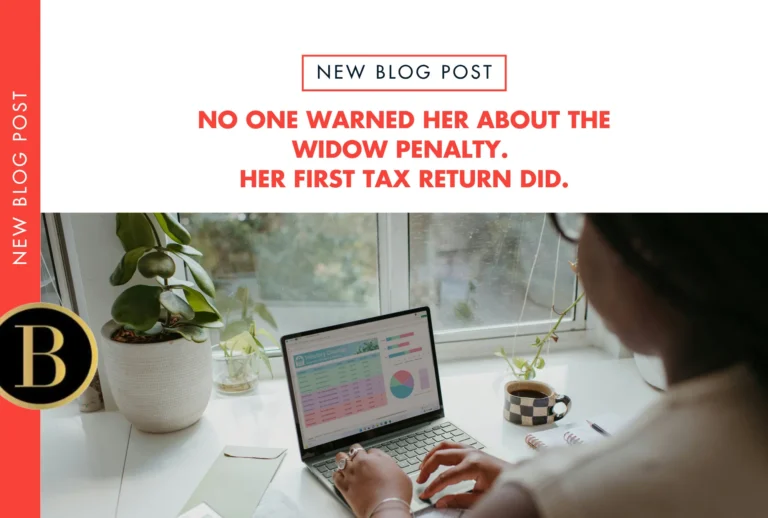 Woman working on laptop with tax documents and coffee, blog post text about widow penalty.