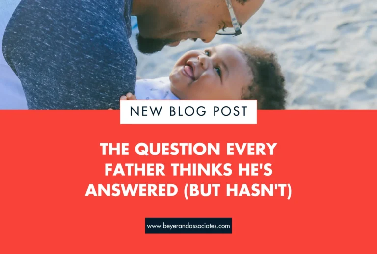 Father and baby smiling at each other above red text about a new blog post.