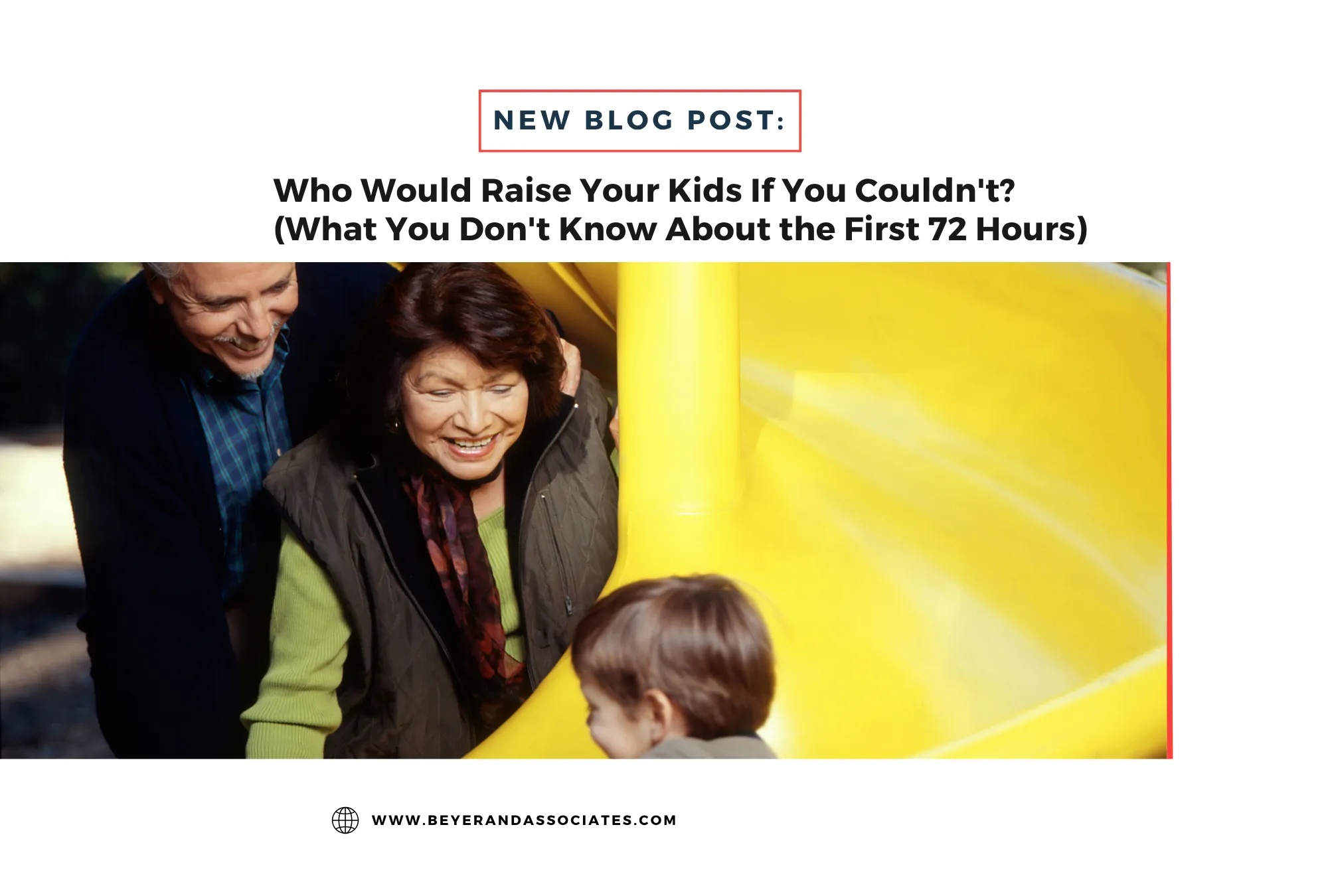 Elderly couple smiling and playing with a young child near a yellow playground slide.