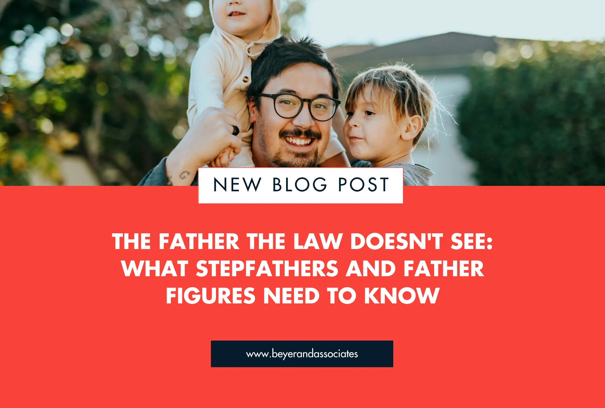 Smiling man with glasses carrying two young children outdoors, blog post announcement.
