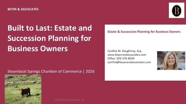 Presentation slide titled "Built to Last: Estate and Succession Planning for Business Owners" with burgundy background, company logo, contact information, and a photo of a smiling woman.