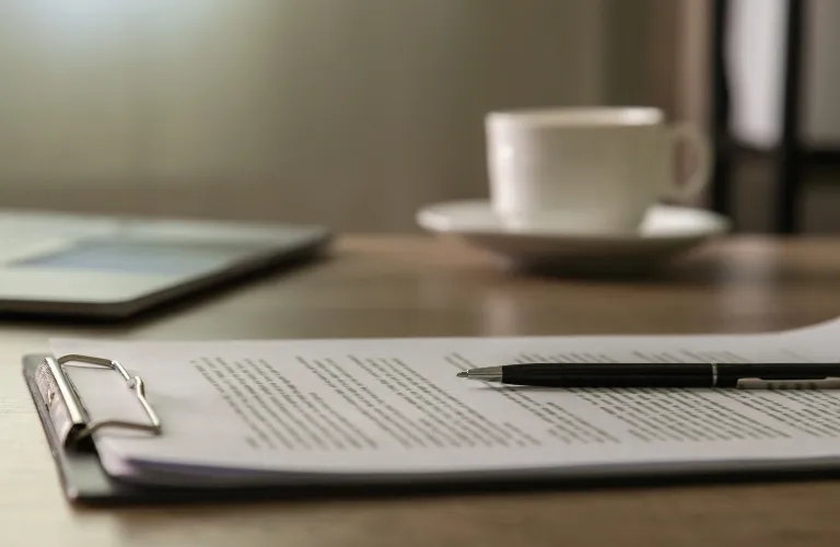 Close-up of a document on a clipboard with a pen, laptop, and coffee cup on wooden desk.
