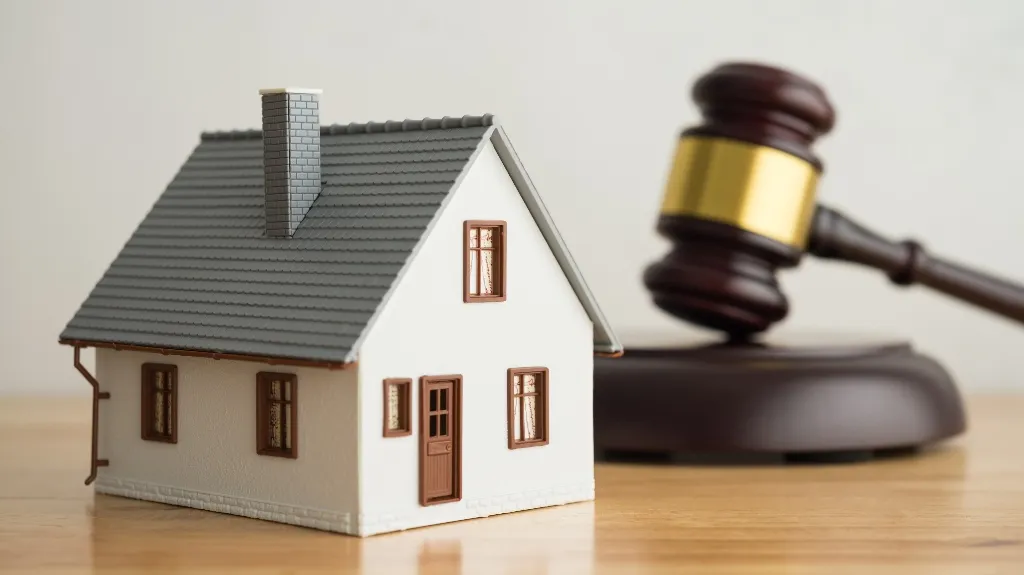 Small white model house with gray roof next to a wooden judge's gavel on table.