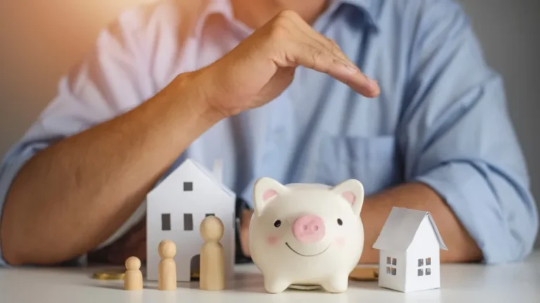 Person in blue shirt protecting white piggy bank with wooden family figures and paper house models.